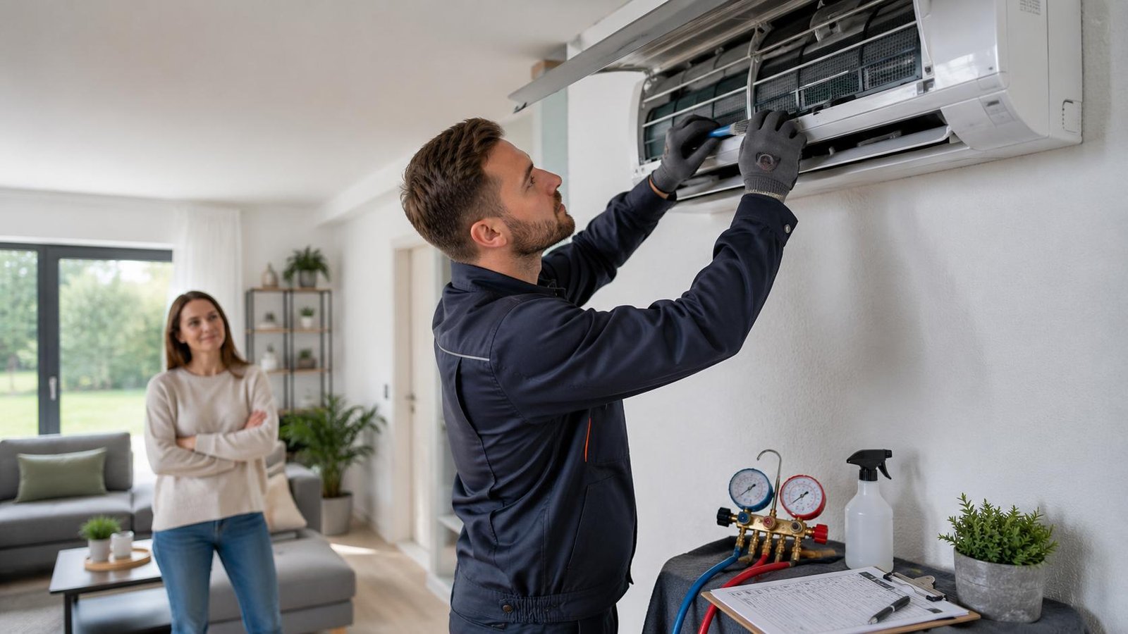 Technician servicing an indoor AC unit while the homeowner watches