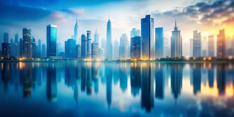 City skyline reflected in water at dusk