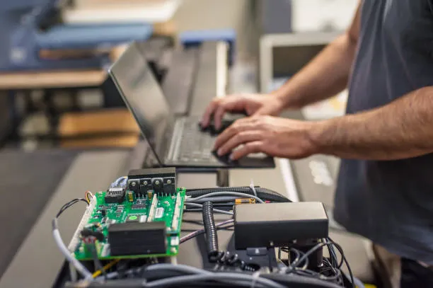 Technician testing a circuit board connected to test equipment