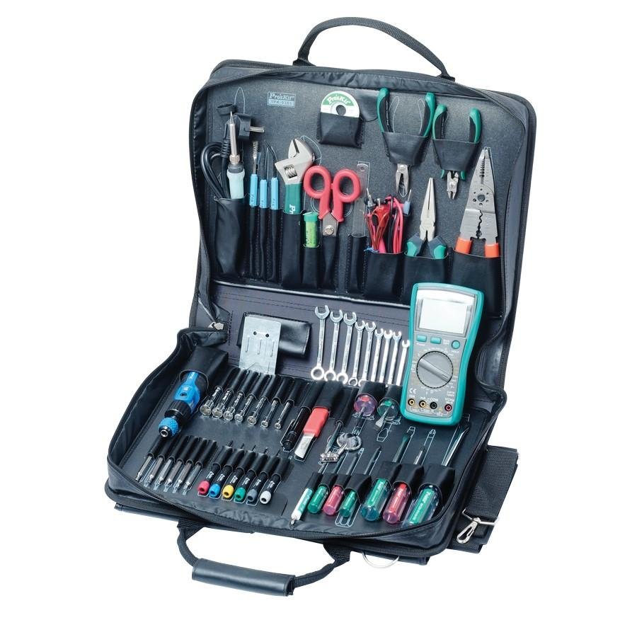 Open electronics tool kit with screwdrivers, pliers and testers