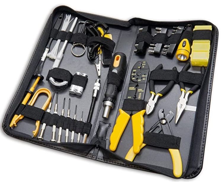 Technician tool kit with pliers, wrenches and meters