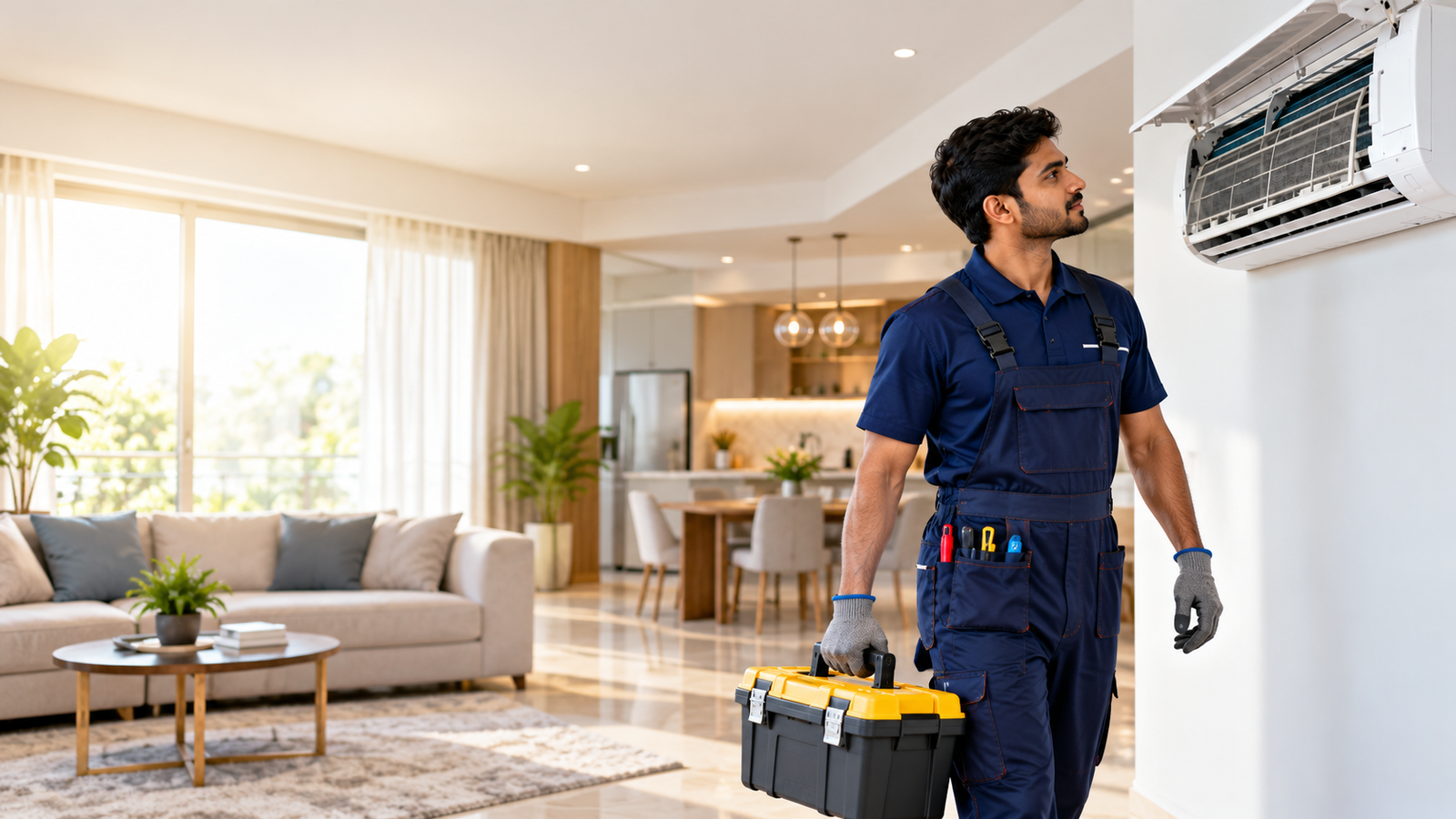 Technician carrying a toolbox into a living room