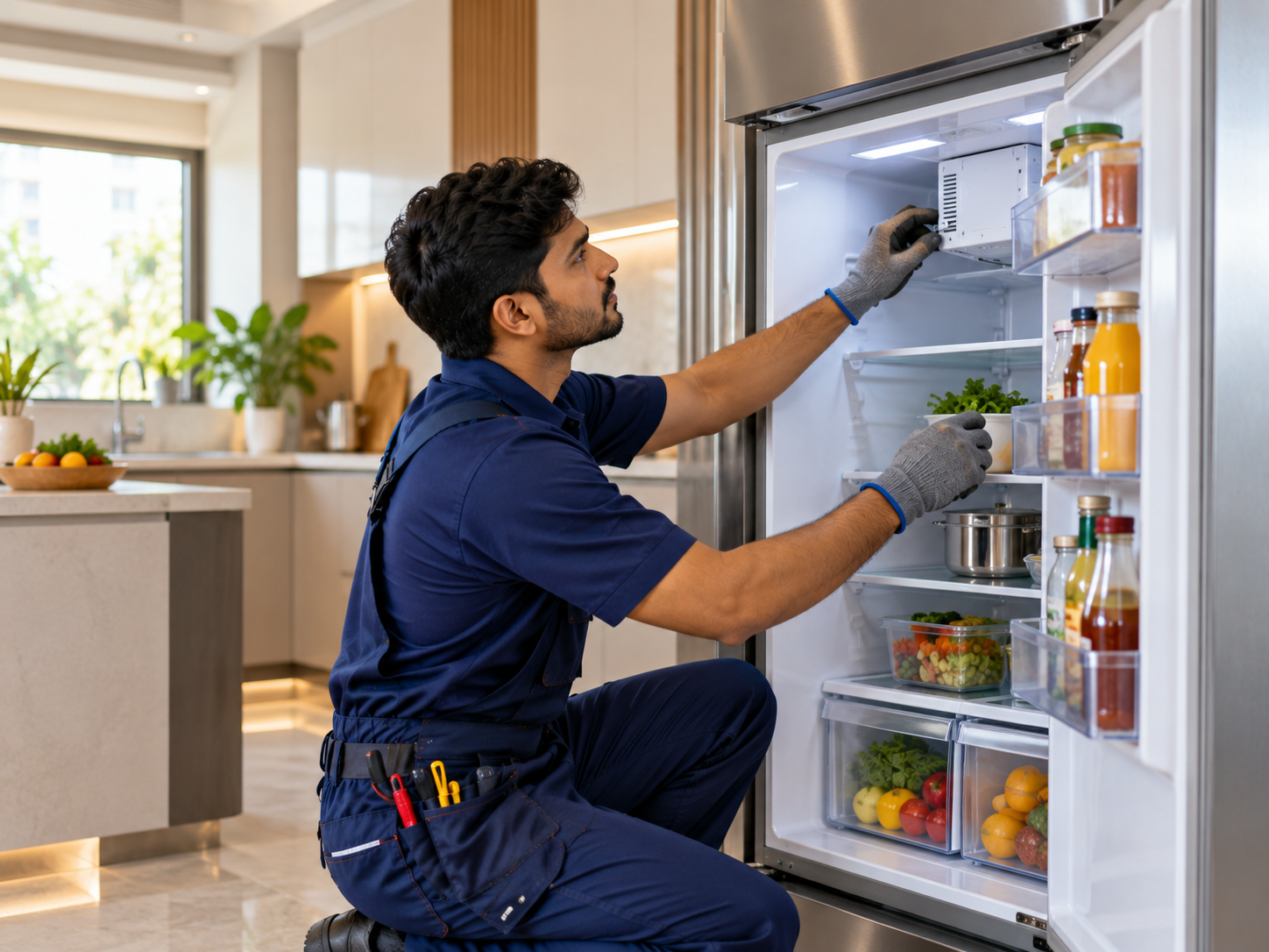 Technician checking the inside of a refrigerator
