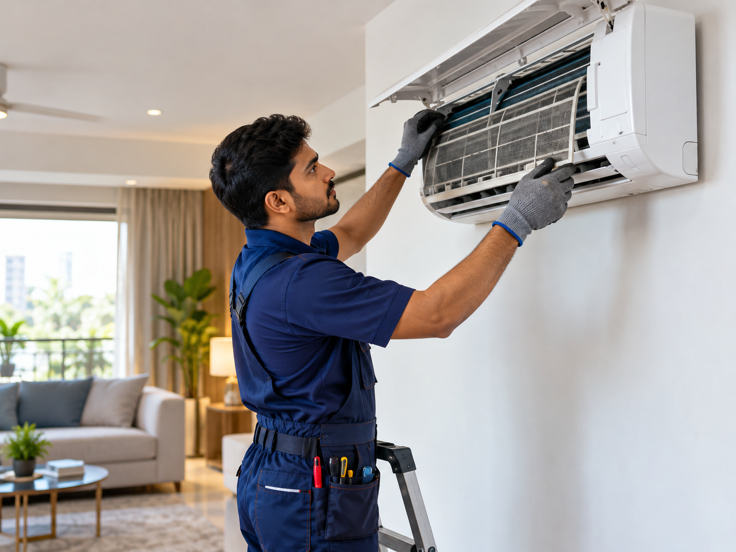 Technician cleaning a split air conditioner