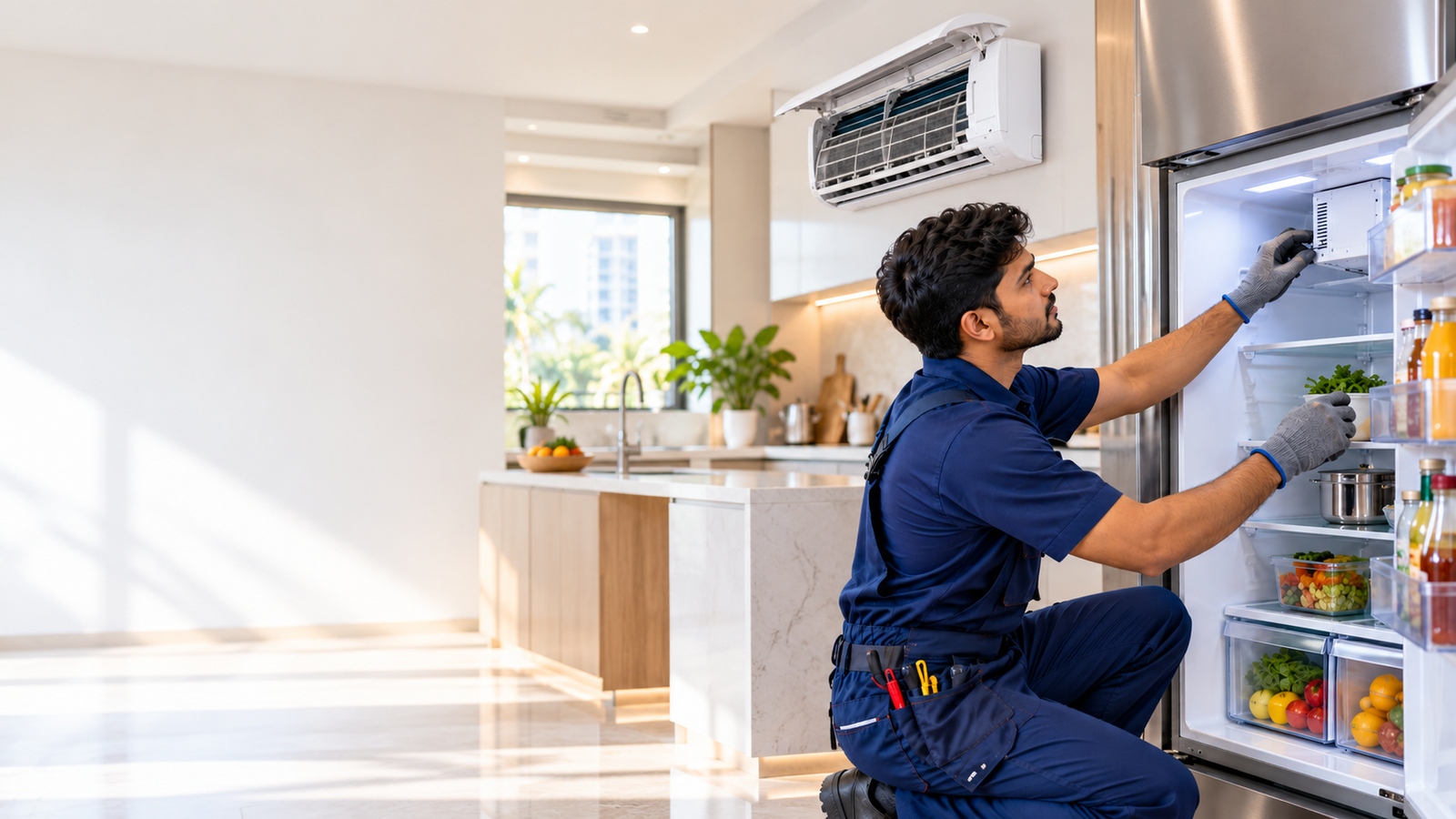 Technician inspecting the inside of an open refrigerator in a kitchen