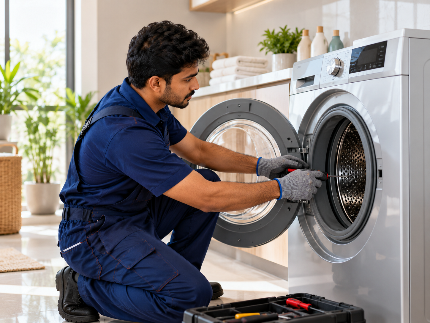 Technician inspecting the drum of a front-loading washing machine