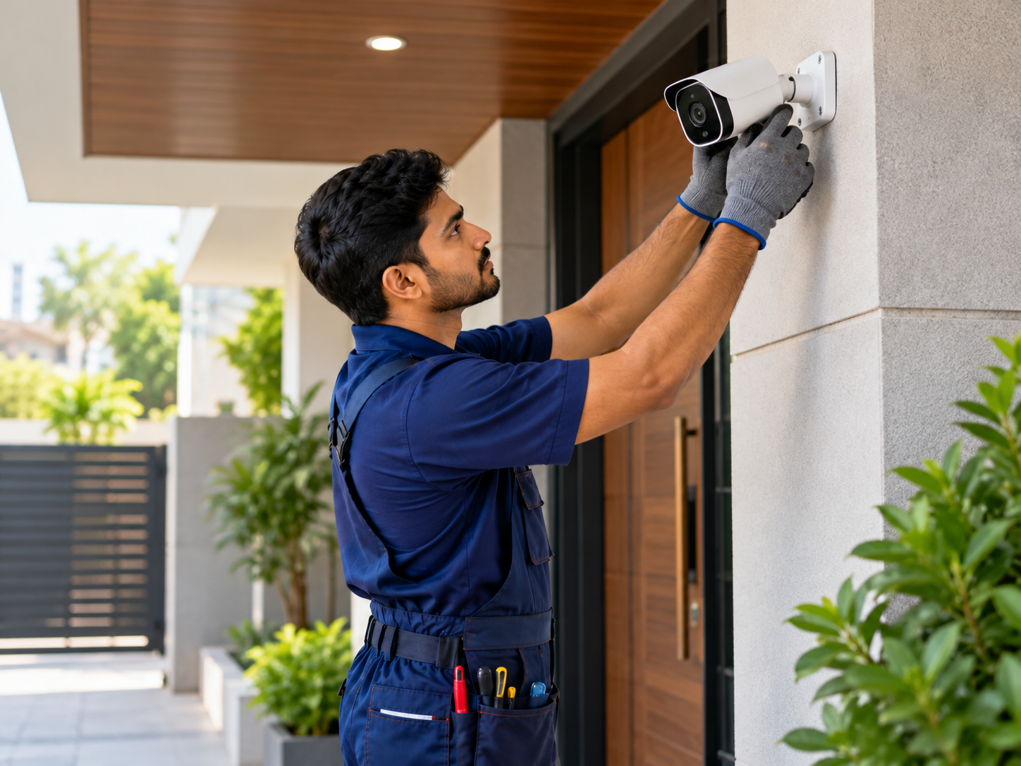 Technician installing a security camera on an outside wall