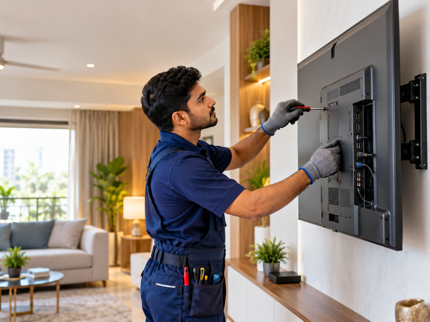 Technician repairing a wall-mounted TV in a living room