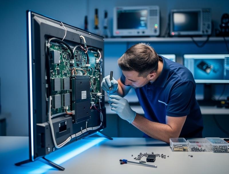 Technician repairing the internal boards of a TV laid on a bench