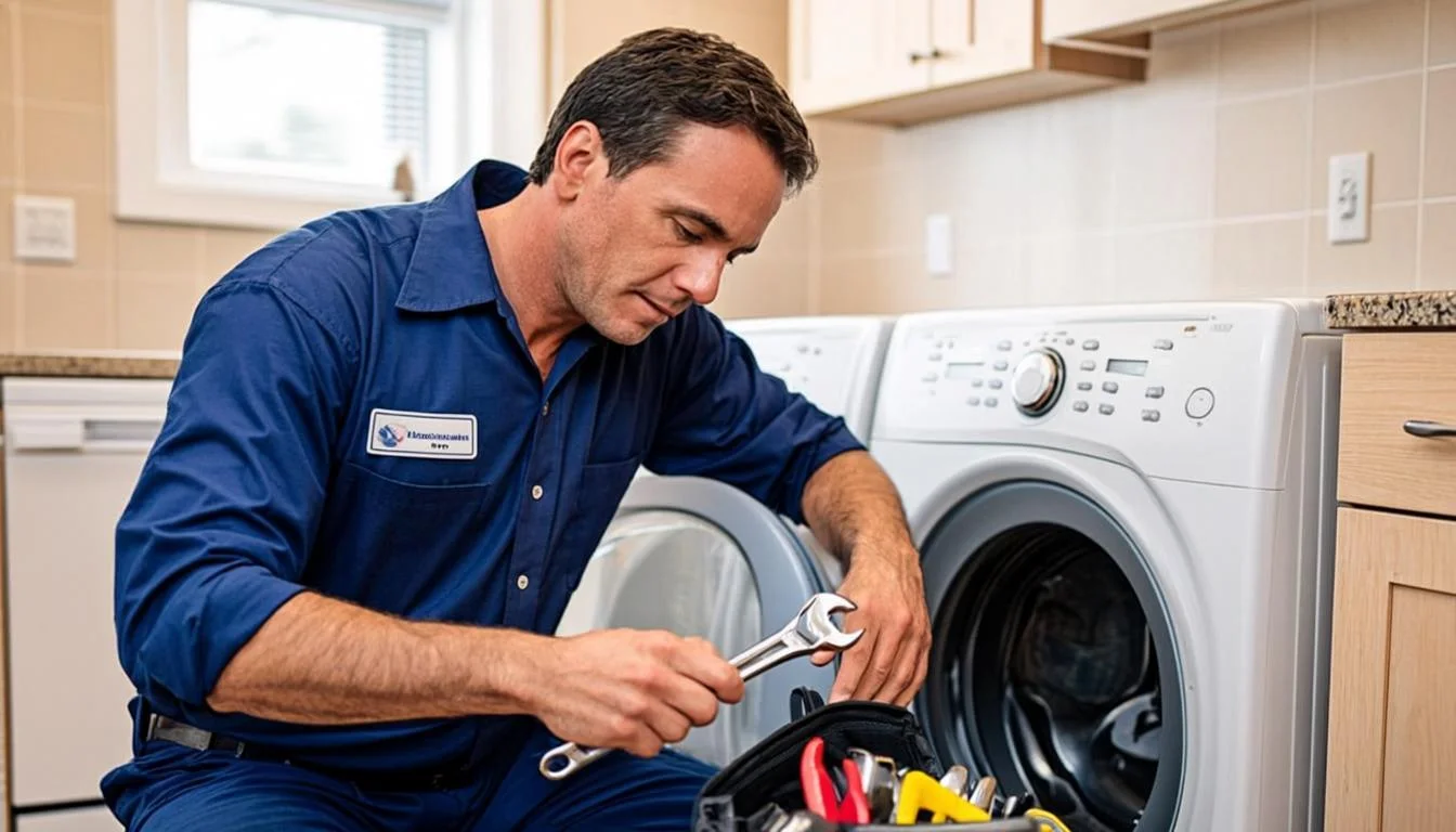 Technician repairing a washing machine with a wrench