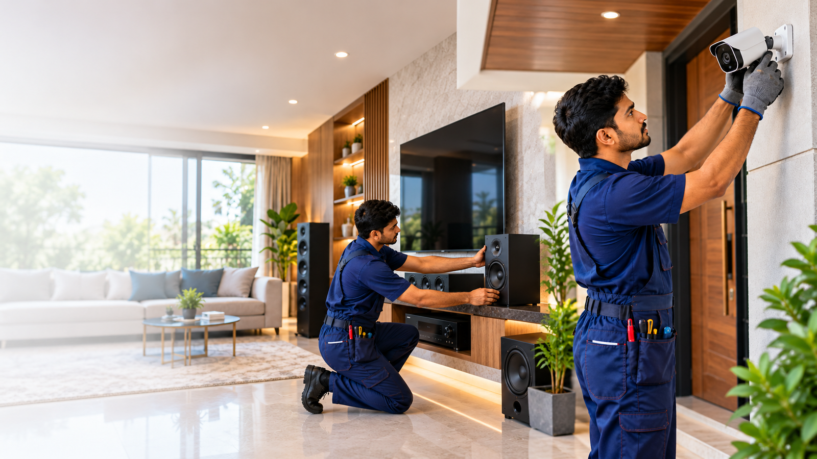 Two technicians fitting equipment on the wall beside a wall-mounted TV
