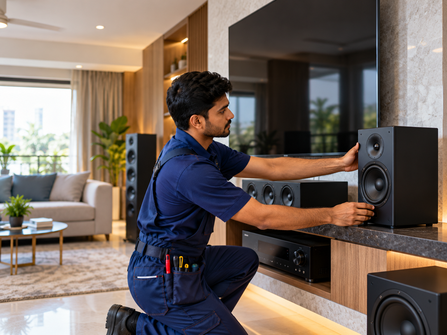 Technician connecting speakers and a subwoofer beside a wall-mounted TV