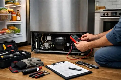 Open refrigerator back with a multimeter, tools and a clipboard on the floor