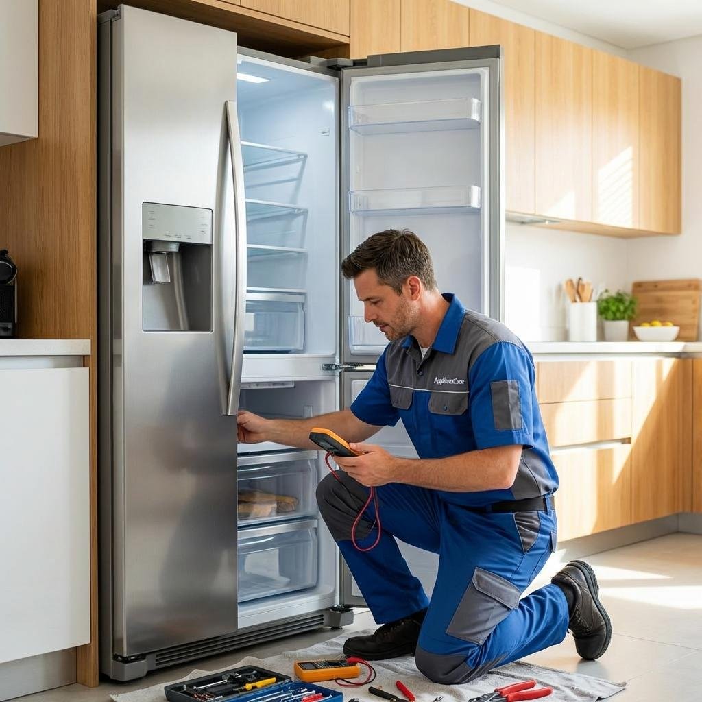 Technician testing a refrigerator with a multimeter