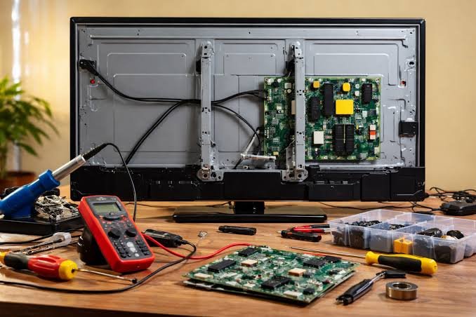 Opened LED TV on a repair bench with a multimeter and replacement boards